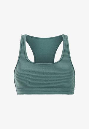 Sportbeha in zeegroen met textuur, met racerback-ontwerp en brede schouderbanden, ontworpen voor actief gebruik.