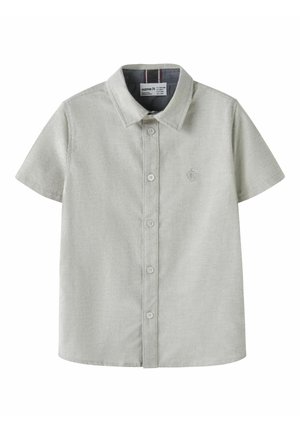 Lysegrå kortermet skjorte med knapper og krage, med liten brodert logo på venstre bryst.