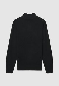 Maglione nero in maglia con colletto alto, caratterizzato da un motivo testurizzato, maniche lunghe e orli a costine. Vista posteriore esibita.