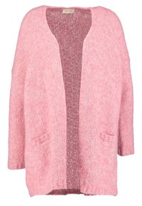 Pink cardigan with a loose fit, knitted texture, open front, two front pockets, and a contrasting soft interior lining.