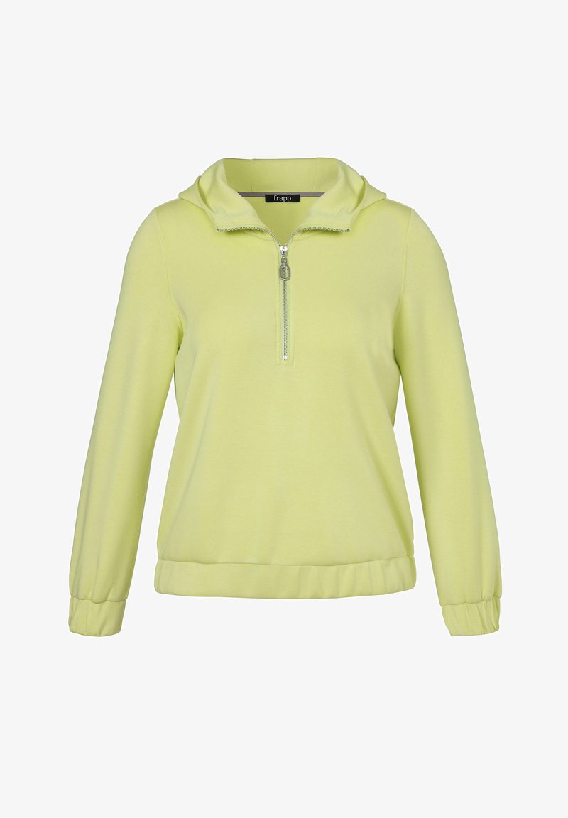 Hellgelber Pullover mit Kapuze, Viertelreißverschluss, langen Ärmeln, elastischen Bündchen und lockerem Saum.