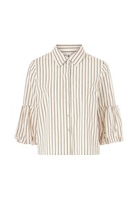 White cropped blouse with vertical brown stripes, button front, and statement puff sleeves. Material appears lightweight and smooth.