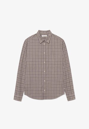 Langarm shirt in een bruin en crème ruitpatroon, gemaakt van geweven stof met knoopsluitingen en een klassiek kraagontwerp.