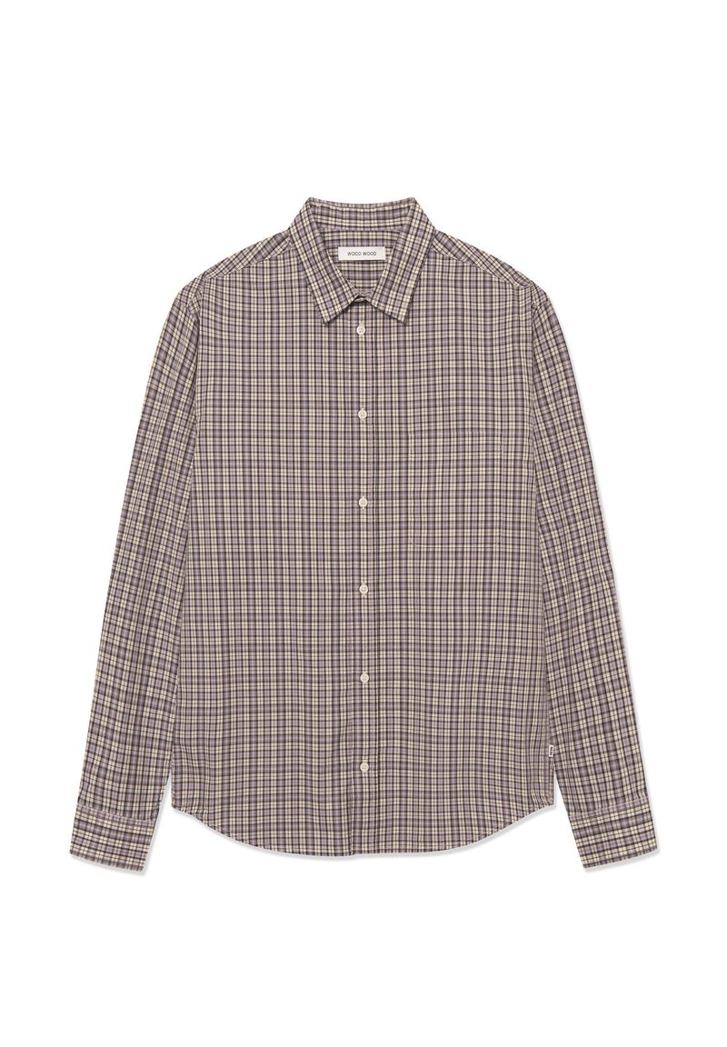 Camicia a maniche lunghe con un motivo a quadri marrone e crema, realizzata in tessuto intrecciato con chiusure a bottone e un classico design del colletto.
