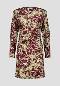 Langdurige jurk met een gemarmerd patroon in kastanjebruine en muntgroene tinten, gemaakt van een soepele stof met een getailleerde taille.