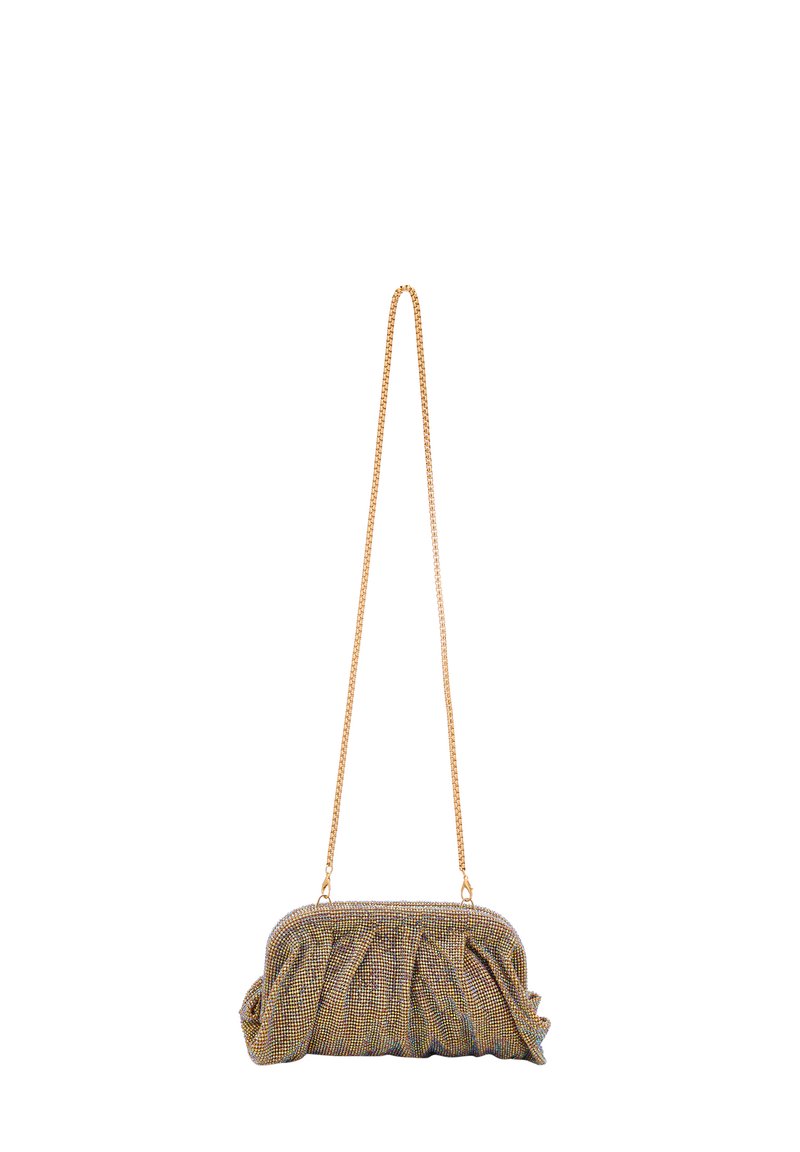 Metalická vícestanná crossbody taška s nabíraným designem a zlatým řetízkem. Má strukturovaný povrch a zaoblený tvar.