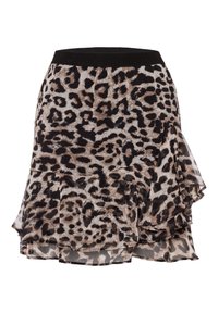 Minifalda con volantes de patrón de leopardo en marrón y negro, con cinturilla elástica negra.