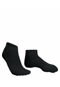 Calcetines negros de tobillo con textura acanalada y un diseño ajustado. Presentan un acento rojo en la punta y un logo en el tobillo para un detalle adicional.