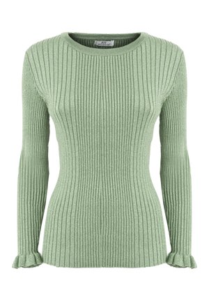Pull vert côtelé en tissu doux, avec une silhouette ajustée, un col rond et des poignets ondulés pour plus de détails.