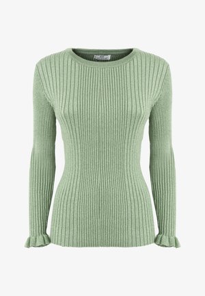 Pull vert côtelé en tissu doux, avec une silhouette ajustée, un col rond et des poignets ondulés pour plus de détails.