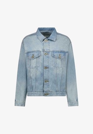 Lichtblauwe spijkerjack met lange mouwen, een klassieke kraag, twee borstzakken, knoopsluiting en een licht vervaagde structuur.