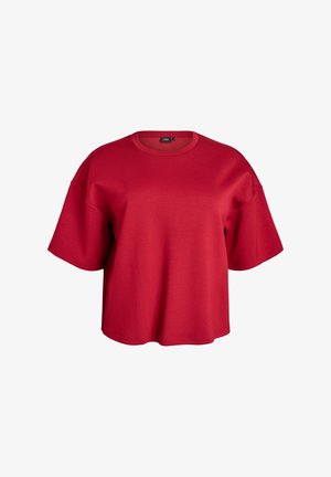 T-shirt oversize rosso a maniche corte realizzato in tessuto morbido, caratterizzato da un collo rotondo e spalle scese per un fit rilassato.