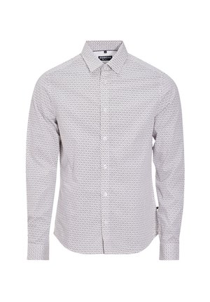 Witte langarmshirt met een subtiel geometrisch patroon in grijs en marineblauw. Voorzien van een puntige kraag en een knoopsluiting aan de voorkant. Gladde stofvoering.