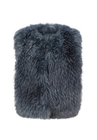 Nepbontvest in een diepe blauwgrijze tint. Voorzien van een hoge kraag en een dichte, zachte textuur met een licht ruige uitstraling.