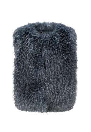 Prsluk od lažne krzno u tamnoplavoj-sivoj nijansi. Ima visok ovratnik i gustu, mekanu teksturu s blago razbarušenim izgledom.