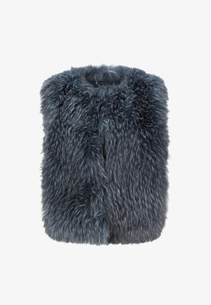 Vesta z umelej kožušiny v tmavomodro-sivej farbe. Má vysoký golier a hustú, jemnú textúru so mierne chlpatým vzhľadom.
