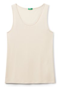 Beżowy bezrękawnik z okrągłym dekoltem, wykonany z gładkiego materiału. Posiada prosty dół i zieloną metkę wewnątrz dekoltu.
