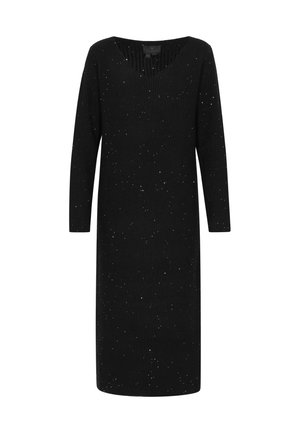 Abito nero a coste con maniche lunghe e scollo a V. Presenta delle macchie di argento sparse su un tessuto testurizzato, con una lunghezza fino al ginocchio.