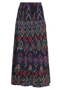 Maxikjol med lager av volanger, med en marinblå bakgrund och färgglada geometriska mönster i rött, grönt och lila. Justerbar midja.