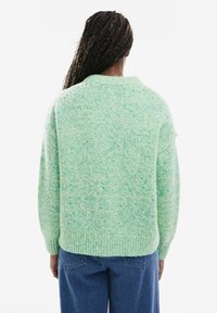 Personne avec de longs cheveux tressés portant un pull en laine vert menthe et un jean bleu, vue de dos sur un fond blanc uni.
