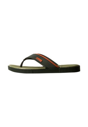 Sandale tongs noire et vert olive avec bande orange et semelle texturée, vue de côté sur fond blanc.