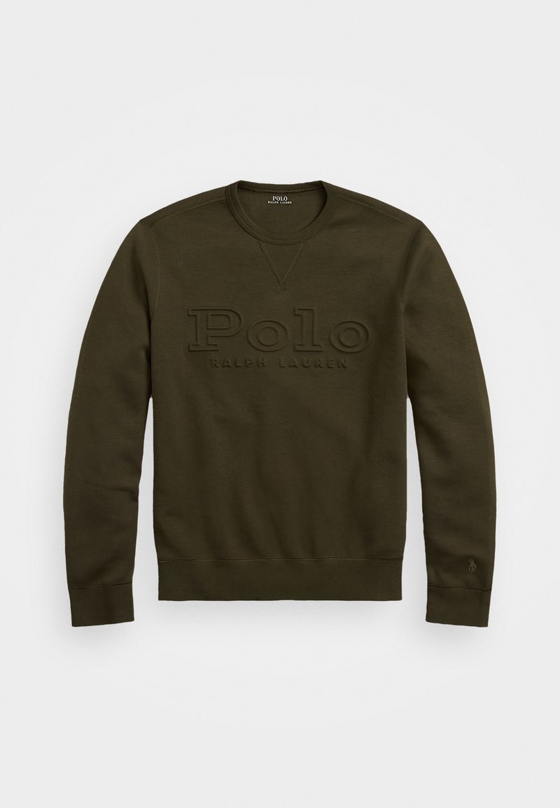 Sweat-shirt vert foncé col rond avec manches longues et texte embossé "Polo Ralph Lauren" sur la poitrine.