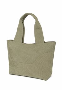 Zelená plátěná taška s dvěma pevnými uchy, s jemnou strukturou a vlnitým švem. Vhodná pro běžné použití.