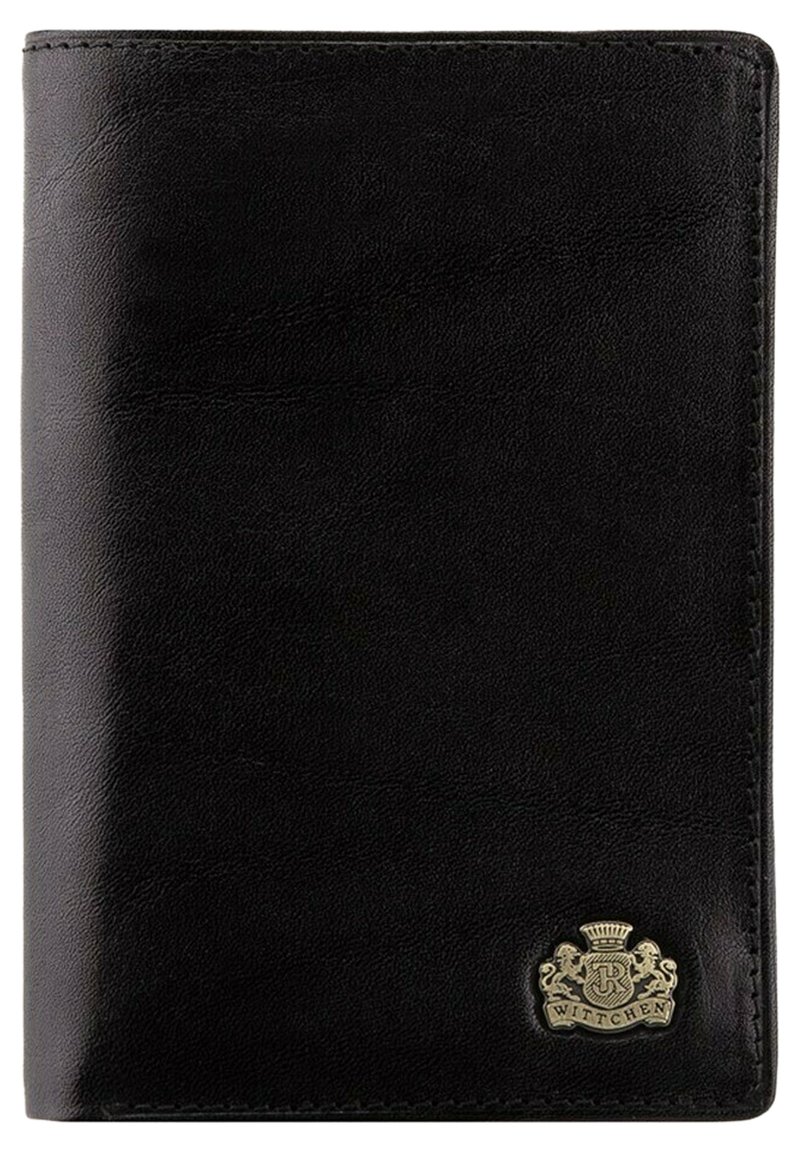 Portefeuille en cuir noir présentant une surface texturée, des bords cousus et un accent de logo métallique dans le coin inférieur droit.