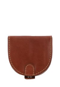 Brown leather coin purse with a rounded flap, contrasting stitching, and a small round snap closure at the bottom. Smooth texture.
