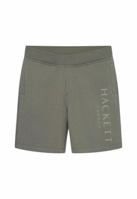 Shorts en coton gris avec une texture douce, comportant deux poches latérales et un grand imprimé "HACKETT LONDON" sur le côté gauche.