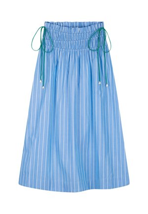 Blaue Midirock mit weißen vertikalen Streifen, gesmoktem elastischem Bund und grünen seitlichen Kordelzügen mit metallischen Enden.