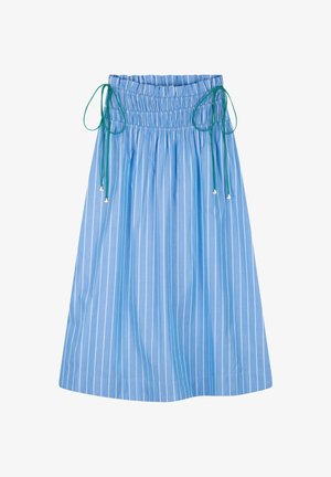 Blauwe midi-rok met witte verticale strepen, elastische tailleband met plooien en groene zij koordjes met metalen uiteinden.