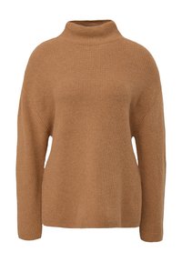 Brauner gerippter Pullover mit hohem Kragen und lockerer Passform; aus weichem, strukturiertem Material; lange Ärmel und gerade Silhouette.