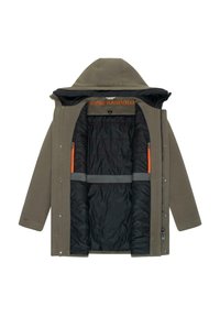 Olivgrön jacka med huva, med ett svart vadderat foder och orange detaljer. Sidluckor och dragkedjestängning med tryckknappar.