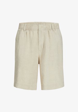 Beige linen shorts with an elastic waistband, single button closure, flat front, and side pockets. Soft texture and loose fit.