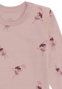 Maglietta per bambini a maniche lunghe rosa con ballerine che tengono ombrelli rosa e danzano in varie pose.