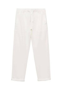White cotton pants with an elastic waistband and drawstring, featuring two front pockets and rolled cuffs at the ankle.