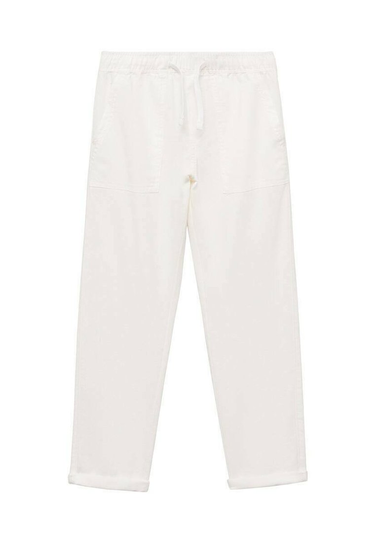 White cotton pants with an elastic waistband and drawstring, featuring two front pockets and rolled cuffs at the ankle.