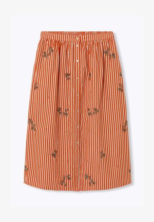 Jupe midi rayée verticale orange et blanche avec boutons sur le devant et détails de broderies florales dispersées.