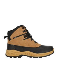 Scarponcino da trekking impermeabile marrone e nero con tomaia sintetica testurizzata, punta in gomma e suola spessa color nocciola; presenta sei fori per lacci e un pull tab.