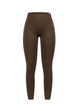 Hochgeschnittene braune Leggings aus dehnbarem Material mit glatter Textur. Sie verfügen über einen breiten Bund und eine körpernahe Passform.