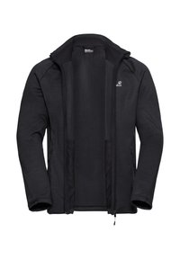 Giacca nera con zip realizzata in pile, caratterizzata da un colletto alto, due tasche laterali e un logo sulla parte sinistra del petto.