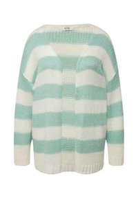 Cardigan leggero con righe orizzontali in morbido verde menta e bianco. Tessuto a maglia, scollatura a V e design aperto davanti.