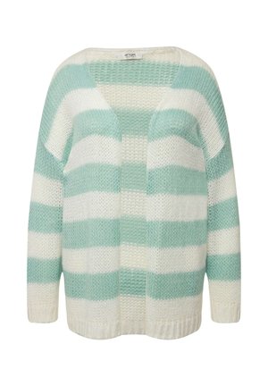 Cardigan leggero con righe orizzontali in morbido verde menta e bianco. Tessuto a maglia, scollatura a V e design aperto davanti.
