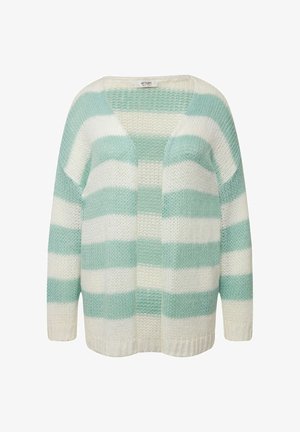 Lichte cardigan met horizontale strepen in zacht muntgroen en wit. Gegarneerde textuur, V-hals en open voorkant.