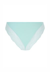 Aqua-blauer Bikiniunterteil mit einem glatten, einfarbigen Stoffkörper und zarten weißen Spitzenakzenten an den Seiten. Mittelhoher Schnitt mit klassischem Design.