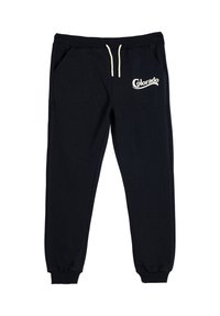 Schwarze Jogginghosen mit weißen Kordeln, elastischen Bündchen, Seitentaschen und "Colorado" in Weiß auf dem linken Oberschenkel aufgedruckt.