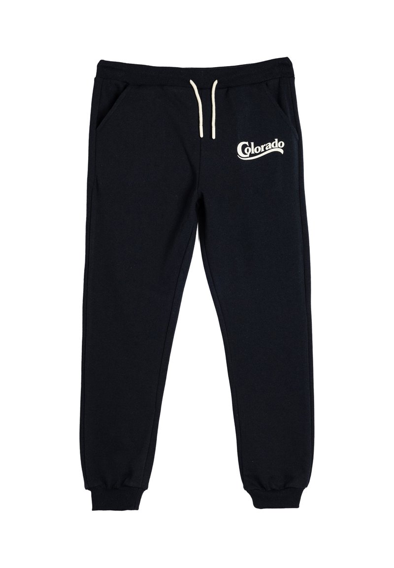 Schwarze Jogginghosen mit weißen Kordeln, elastischen Bündchen, Seitentaschen und "Colorado" in Weiß auf dem linken Oberschenkel aufgedruckt.