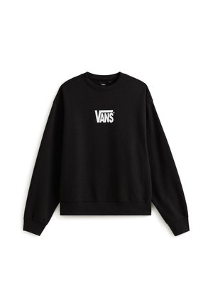 Sort sweatshirt lavet af en bomuldsblanding, med ribbet rund hals og manchetter. Foran vises et hvidt Vans-logo i et rektangulært design.