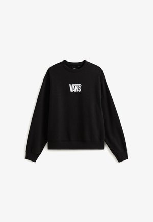 Sort sweatshirt lavet af en bomuldsblanding, med ribbet rund hals og manchetter. Foran vises et hvidt Vans-logo i et rektangulært design.